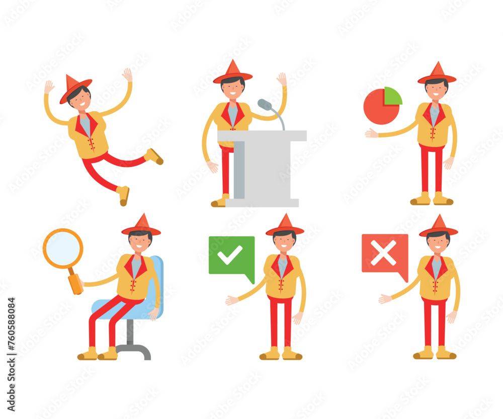 Fototapeta premium man with hat character in different poses set vector illustration
