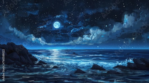 Starry sky and moonlit seascape