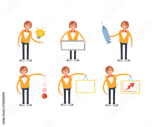 geek woman characters set in various poses vector illustration