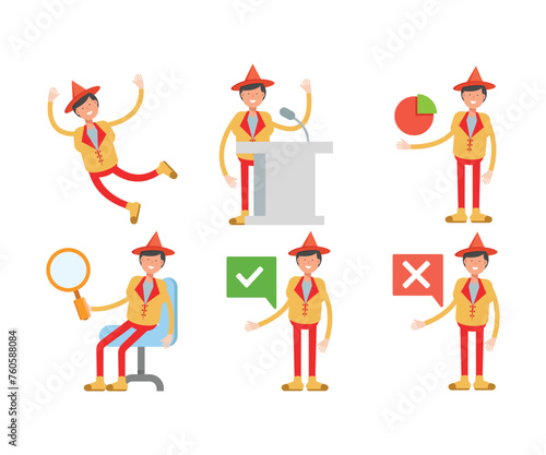man with hat character in different poses set vector illustration