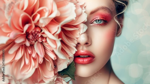 Stylish fashion woman with big decorative flower. Close-up of the face