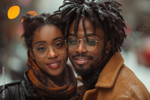 A man and woman with glasses and dreads stand close together outdoor