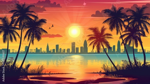 Summer illustration with a beach at sunset, silhouette of palm trees, a city in the background and a sun