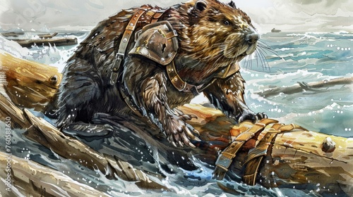 a giant beaver wearing medieval armor with a wooden logs