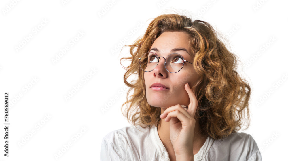 woman looking up making a decision against. Isolated on transparent background. woman looking up making a decision against. Isolated on transparent background.