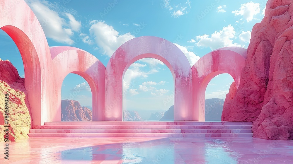 3d Render, Abstract Surreal pastel landscape background with arches and podium for showing product, panoramic view, Colorful dune scene with copy space, blue sky and cloudy, Minimalist decor design