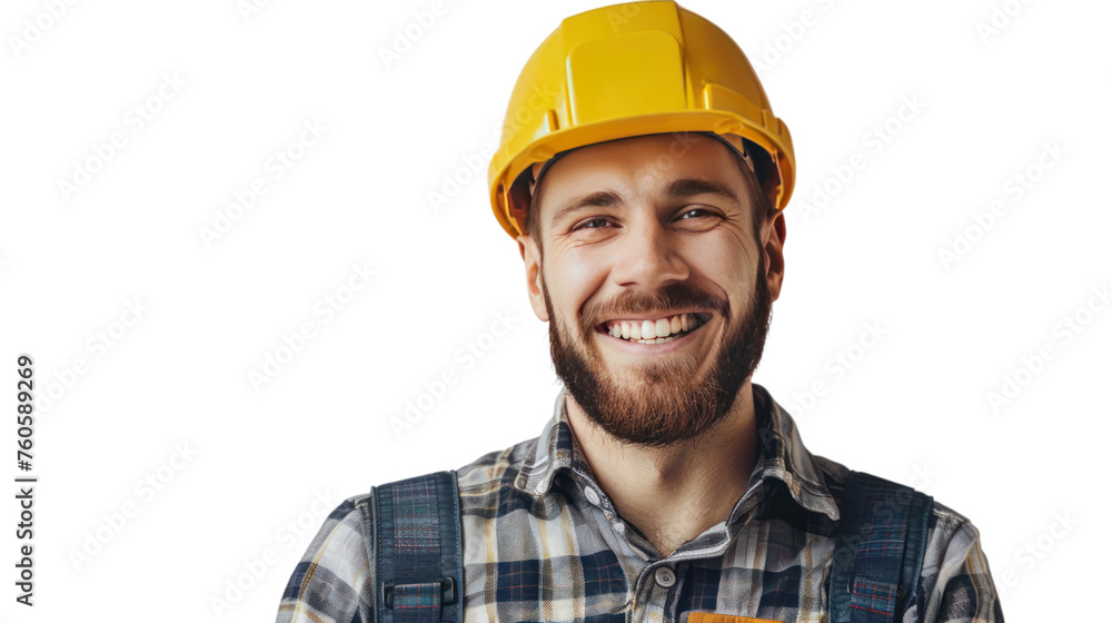 Detailed close-up view of worker wearing hat isolated on transparent background. Detailed close-up view of worker wearing hat isolated on transparent background.