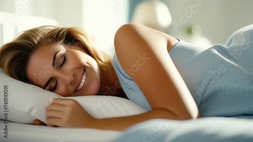 A young happy smiling woman with an alarm clock on the bed in the morning, the concept of rest and sleep, waking up in the morning