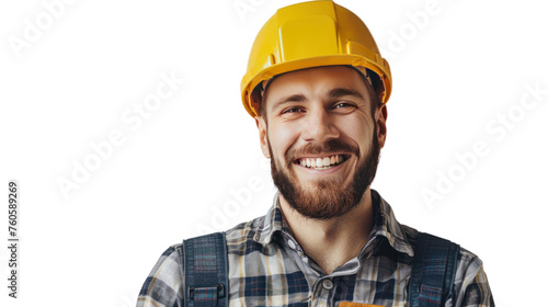 Detailed close-up view of worker wearing hat isolated on transparent background.