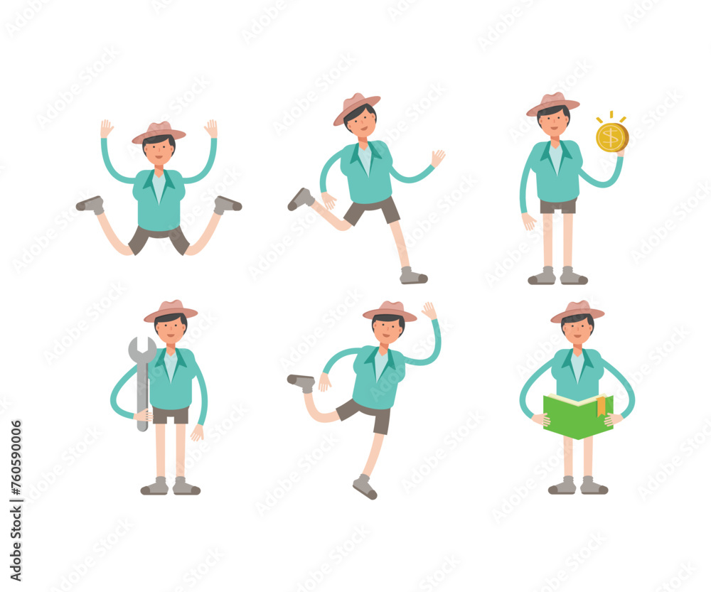 boy with hat characters in different poses vector set