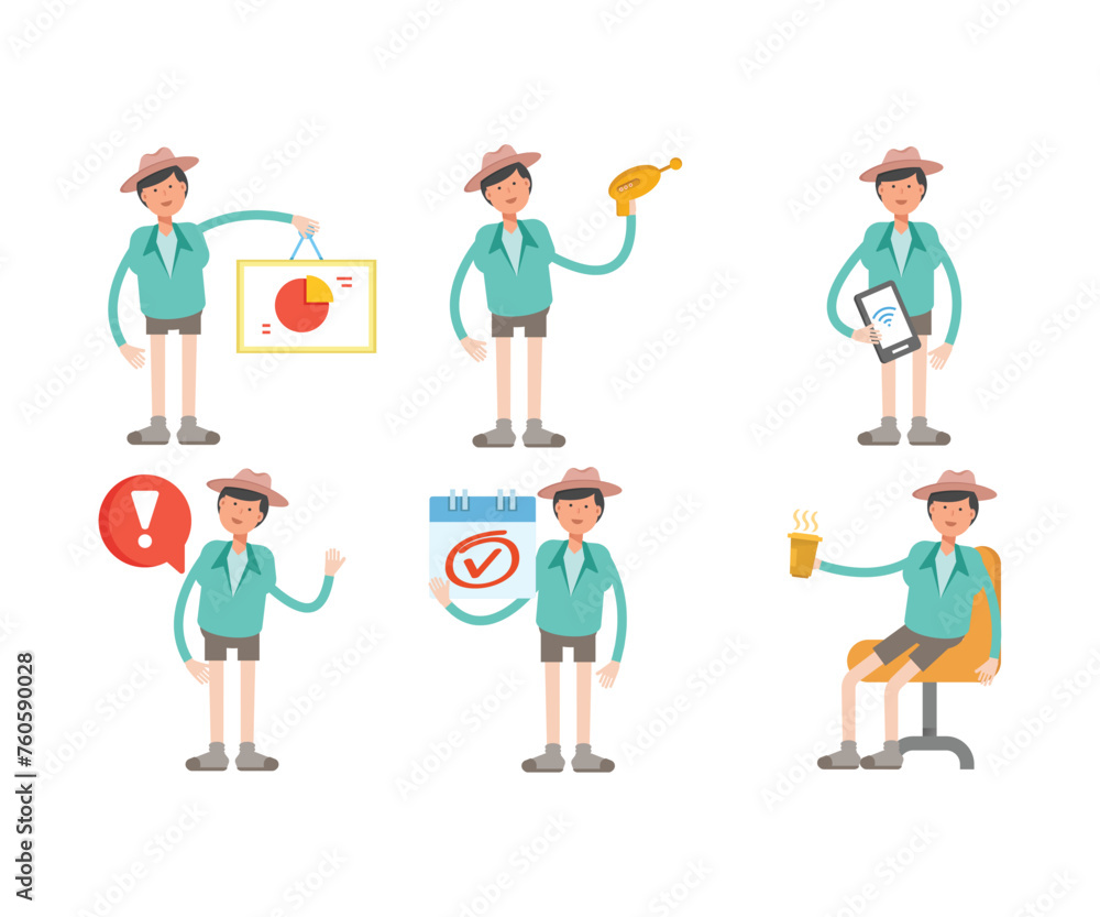 boy with hat characters in different poses vector set