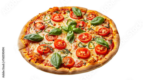 Delicious pizza with salami, tomato, and cheese Isolated on a transparent background.