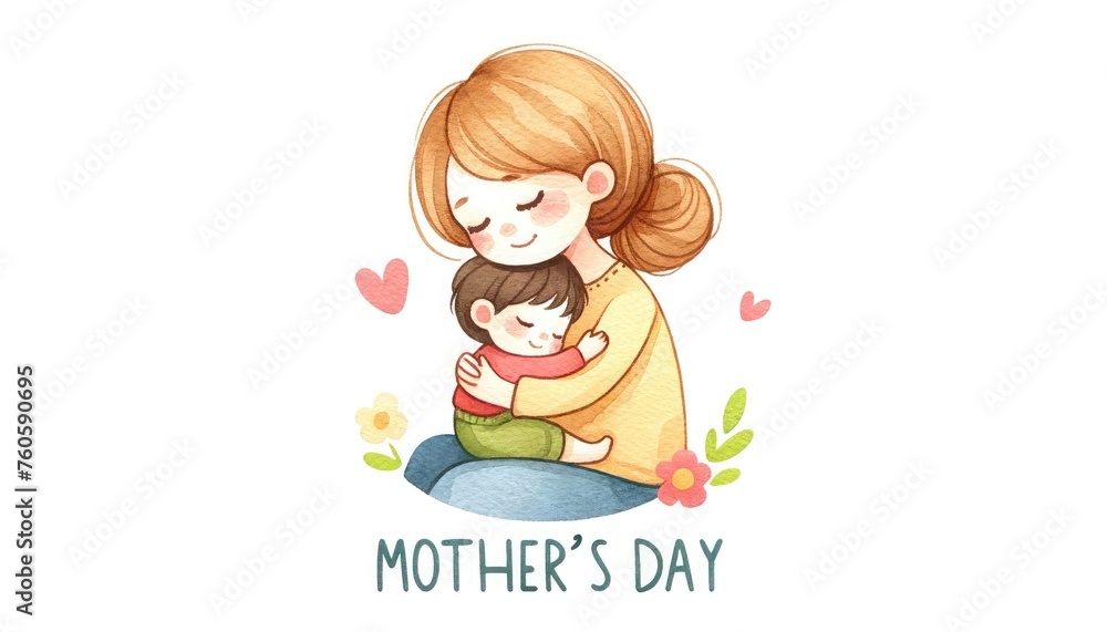 A tender watercolor illustration of a mother and child in a loving embrace, celebrating Mother's Day. Banner mother day card
A tender watercolor illustration of a mother and child in a loving embrace, celebrating Mother's Day. Banner mother day card