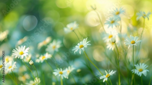 Summer cynosure: Zoom blur of daisies in garden, with copy space at top and on the right
