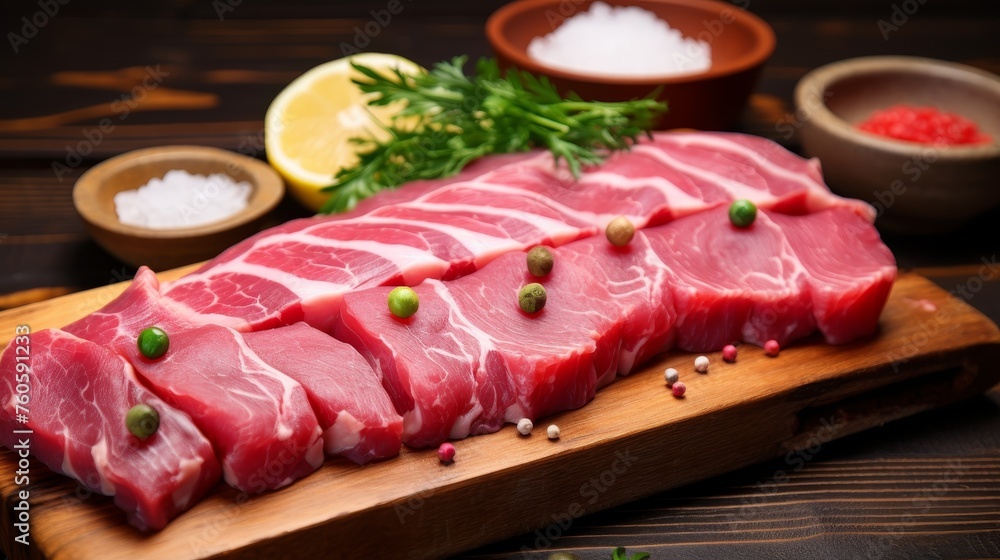 Fresh raw fillet steak and sashimi on wooden board background Fresh raw fillet steak and sashimi on wooden board background