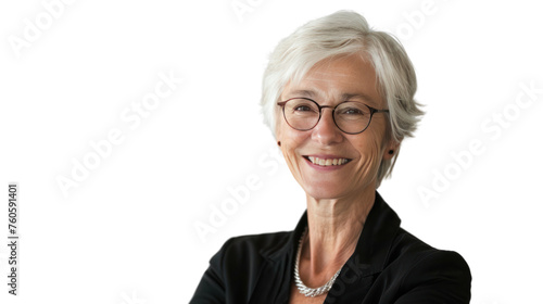 Smiling elderly business woman Demonstrate confidence, friendliness, and success.. Isolated on transparent background.