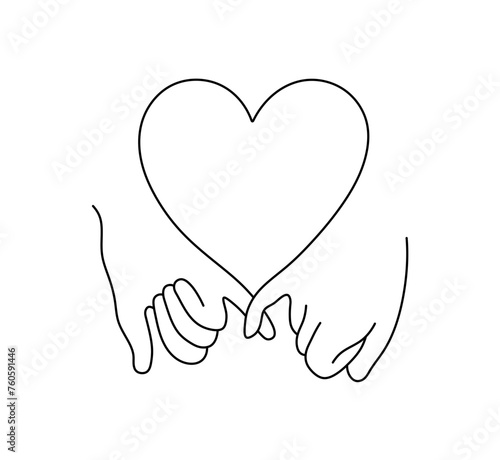 Vector isolated two lovers hands with little fingers and heart symbol colorless black and white contour line easy drawing