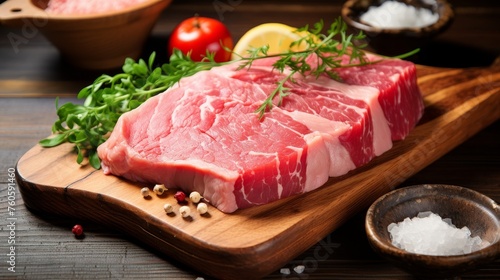 Fresh raw fillet steak and sashimi on wooden board background