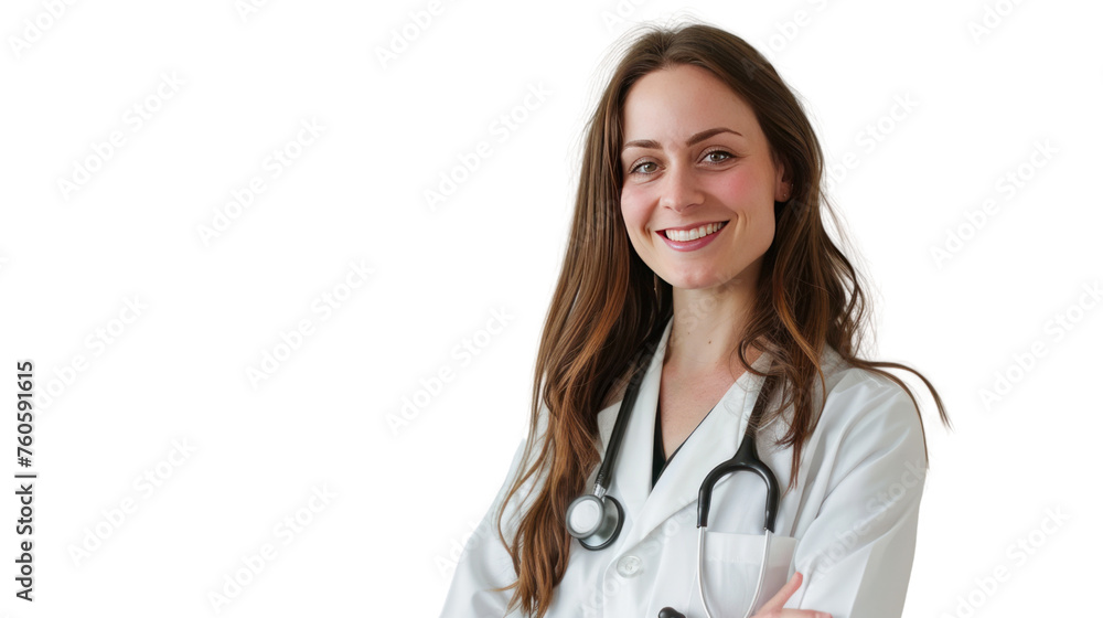 Smiling female doctor with stethoscope in medical uniform,Isolated on a transparent background. Smiling female doctor with stethoscope in medical uniform,Isolated on a transparent background.