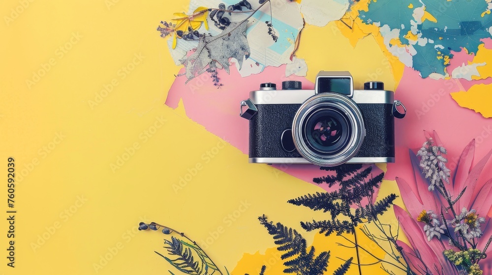 Punk composition on bright yellow background with camera in magazine style. Illustration in trend. - obrazy, fototapety, plakaty 