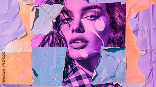 An appealing u2k banner with a girl on a purple checkered background with torn paper. An arrangement of doodles, stickers, emoji's and a bright composition for advertising. Modern popart photo