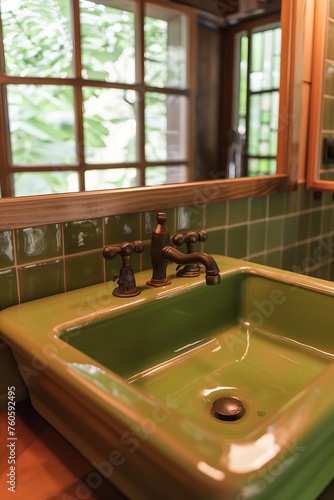 Retro style metal tap and sink in modern bathroom interior with soap bottle and green ceramic tiles wall in the background.