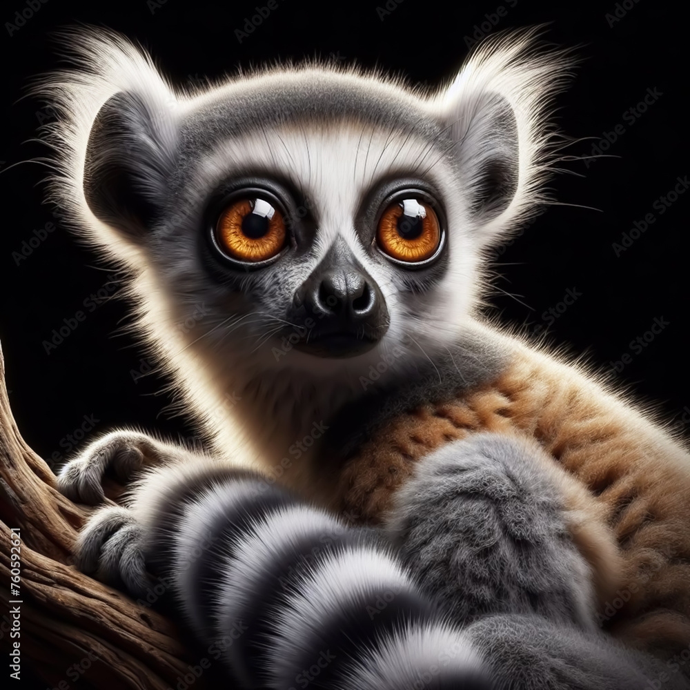 Fototapeta premium Illuminated lemur on black background. AI generated