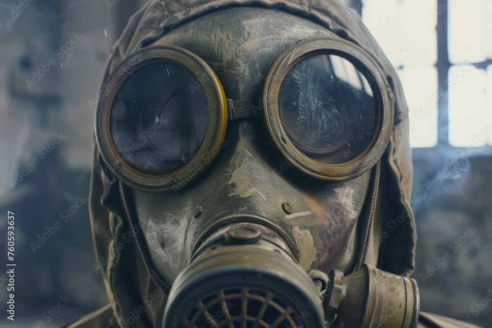 A man wearing a gas mask and goggles. Suitable for industrial or apocalyptic themes A man wearing a gas mask and goggles. Suitable for industrial or apocalyptic themes