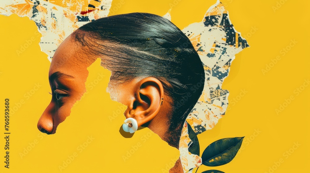 The left ear is a cut out from a magazine, isolated as a PNG file. The right ear is a modern halftone element for collage on a yellow background. - obrazy, fototapety, plakaty 