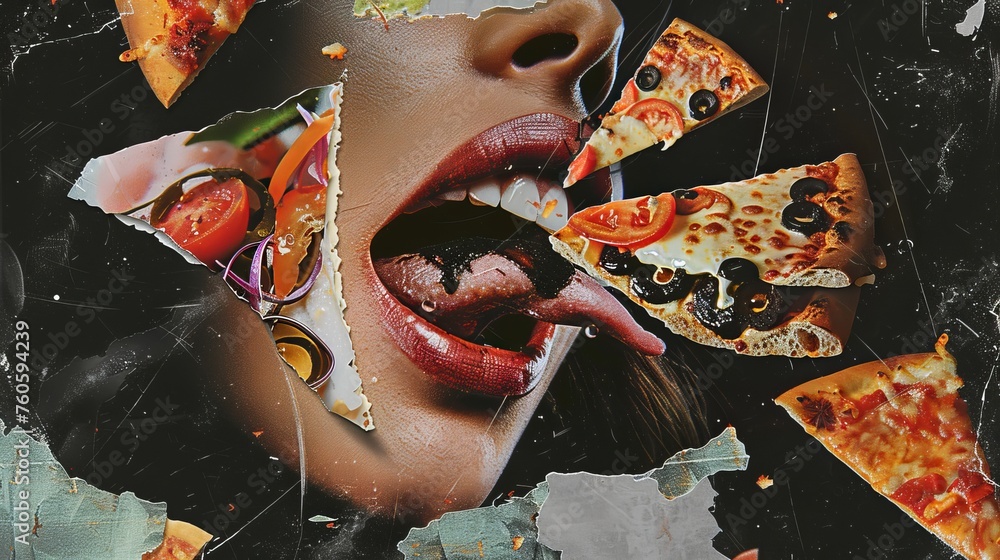 A grunge collage with a woman's mouth open and pizza flying into it. The background is a noisy black and trendy elements are incorporated into the image. Image in modern format. - obrazy, fototapety, plakaty 