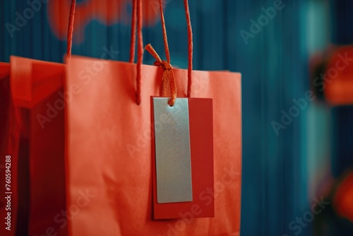 Close up of a shopping bag with a tag, suitable for retail and marketing concepts photo