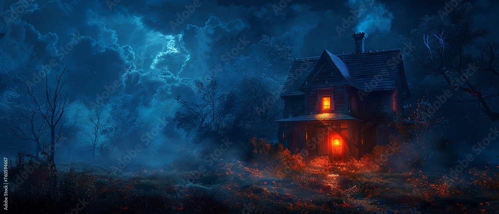 A haunted house illuminated by a single, bright beacon of hope amidst dark surroundings.