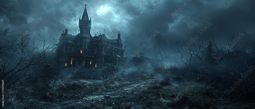A haunted house illuminated by a single, bright beacon of hope amidst dark surroundings.