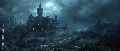 A haunted house illuminated by a single  bright beacon of hope amidst dark surroundings.