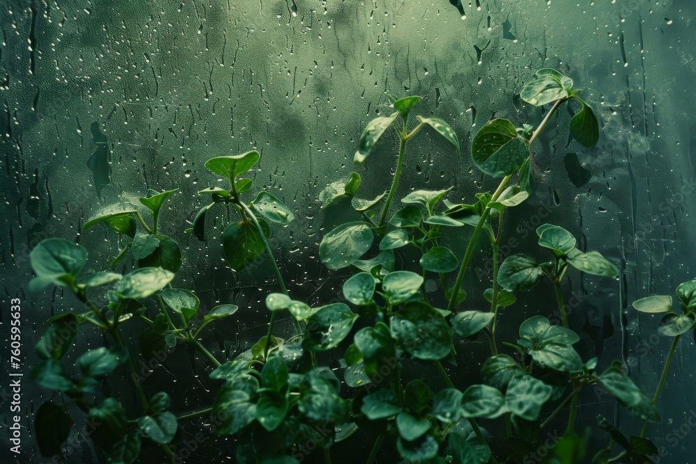 Watercress behind raindrops covered glass displaying greenery and moisture in a tranquil setting