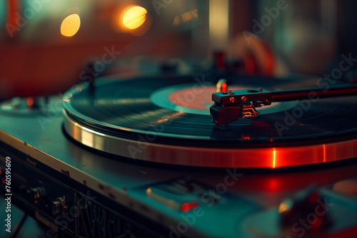 close-up shot of a vintage record player in action, with a vinyl spinning, highlighting the timeless and stylish appeal of analog music