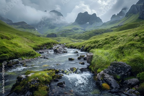 Serene Scotland landscape with mountains, stream, green hills, and dramatic clouds