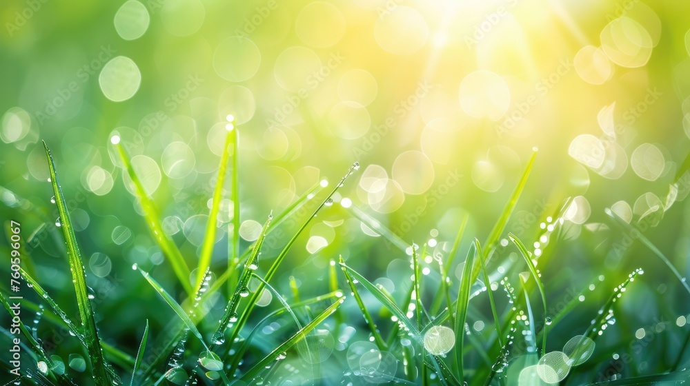 Fresh Green Grass with Dew Drops Closeup in a Sunny Meadow, Bokeh Background