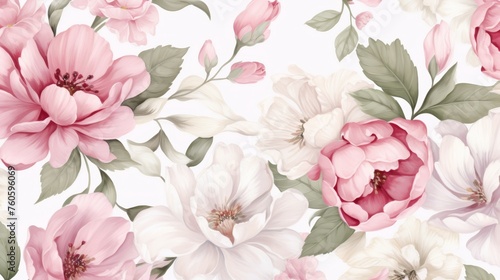 Floral wallpaper white and pink flowers and leaves