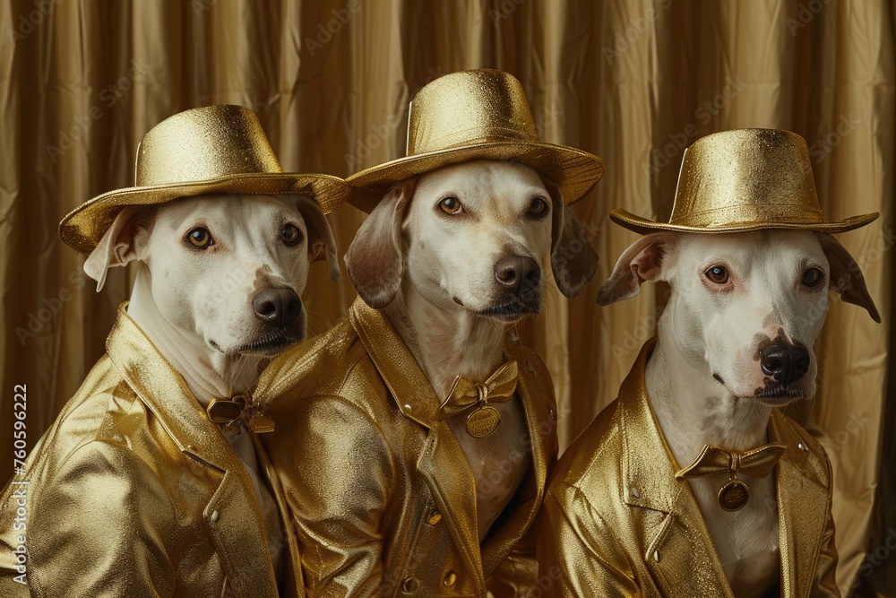 Golden Fashionista: Canine Member of a Cool Group Posing for a Trendy Group Picture, Created  - obrazy, fototapety, plakaty 