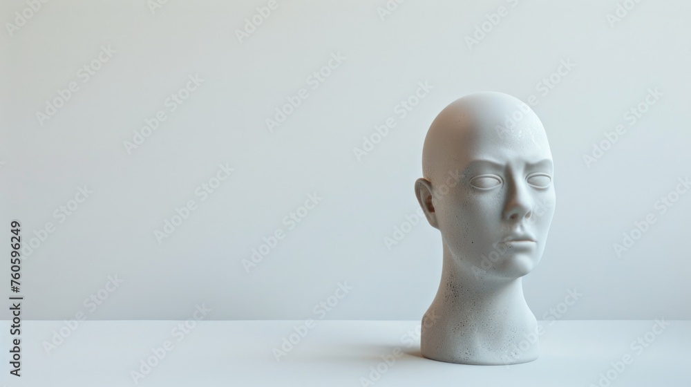 A white mannequin head sitting on a table. Ideal for fashion or beauty concepts A white mannequin head sitting on a table. Ideal for fashion or beauty concepts