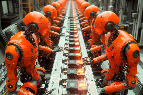 A number of advanced bright orange robots with humanoid heads and mechanical arms assemble electronics on a state-of-the-art, backlit production line.