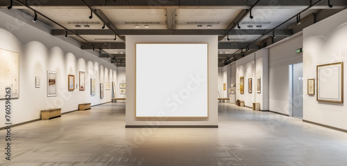 A large art exhibition with a white mockup poster that invites viewers to visualize their own artwork in the area