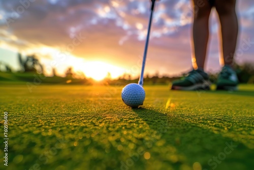 Green Golf Course at Sunset: Golfer Celebrates Victory with Long Putt on Lush Green Putting Surface
