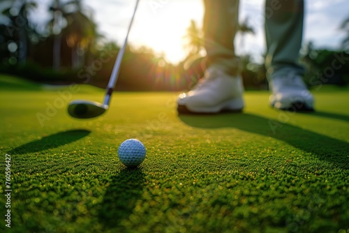 Green Golf: Golfer Celebrates Victory After Successfully Putting Golf Ball on Course Green at Sunset Time
