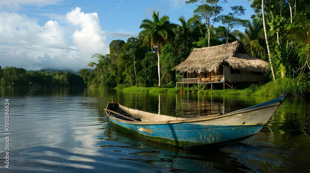 Obraz premium Blue Painted Wooden Boat on the Amazon River Surrounded by Tropical Vegetation