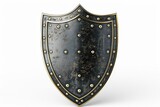 A metal shield with rivets on a plain white background. Suitable for security or protection concepts