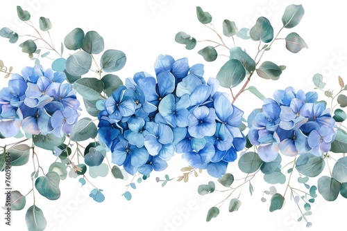 Hydrangea Flower Bouquets. Watercolor Floral Arrangement with Eucalyptus Leaves for Spring Decoration. Blue Hortensia Blossoms and Greenery © Serhii