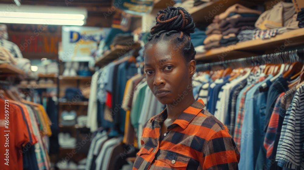 A woman standing in front of a rack of clothes. Perfect for fashion or retail concepts