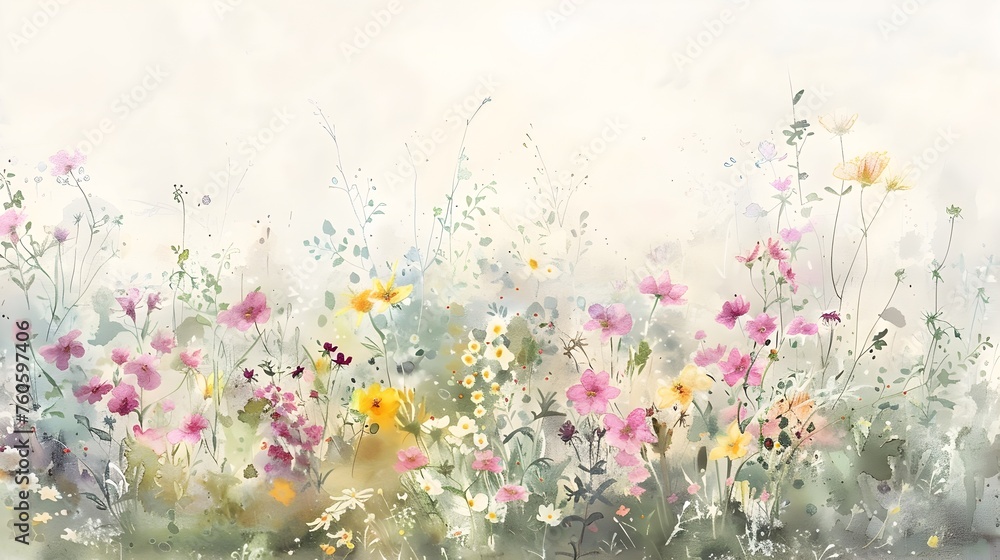 Ethereal Watercolor Wildflowers: A Serene Spring Meadow Blooms with Pastel Hues